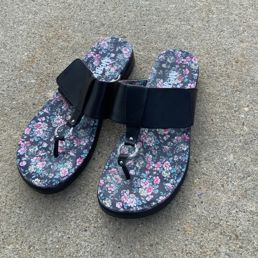 Alegria‎ by PG Lite Women Black Floral Thong Sandals Platform MOX-7541 Size 41